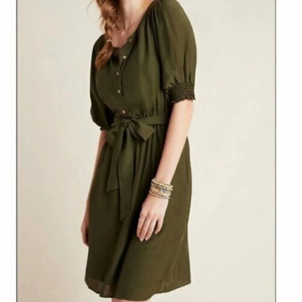 Anthropologie Nicole Puff Sleeve Shirtdress XS Olive Green Knee Length